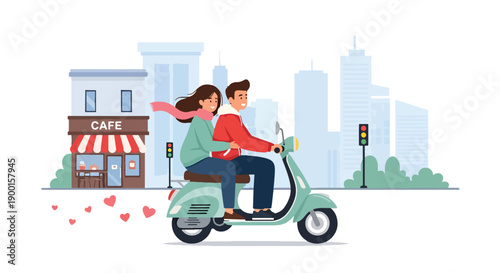 Couple riding scooter through city street with heart trail, showing youthful romance, freedom, and playful Valentine adventure together