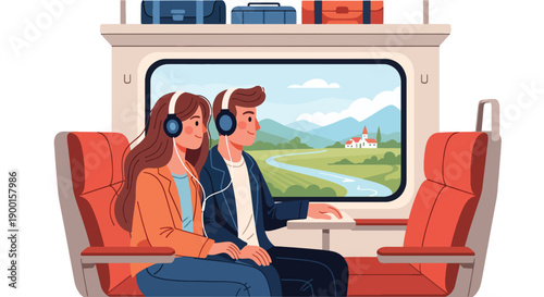 Couple sharing headphones in train compartment with countryside view, showing travel romance, emotional bonding, and peaceful Valentine journey together
