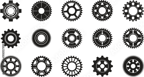 set of black gear icons on white background
