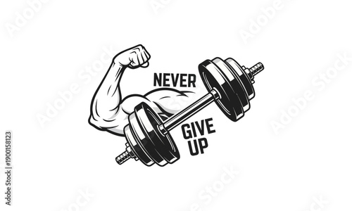 A muscular arm holding a dumbbell with a motivational quote, flexing, from a front viewpoint, in a bold illustration style