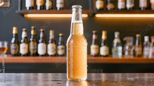 Cold glass bottle of beer or cider with water drops on a bar counter.