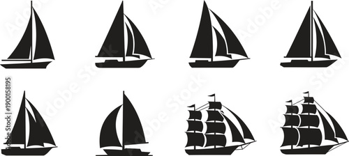 set of sailboats and yachts in various sailing positions