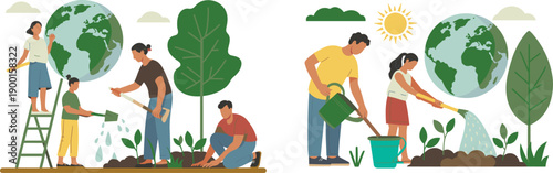 People planting trees together for environmental sustainability, climate action, teamwork, green earth concept, eco friendly community illustration vector design artwork