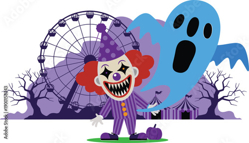 Scary Halloween Carnival Illustration With Evil Clown Ghost Ferris Wheel Circus Tent Haunted Fairground Spooky Horror Night Scene