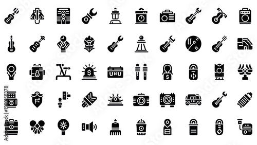 Collection of Black and White Icons Representing Various Concepts and Objects
