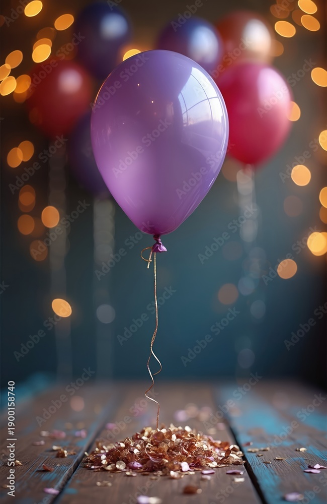 Fototapeta premium Colorful balloons float above confetti pile on wooden table. Festive party lights sparkle in background. Birthday event, celebration setup, decoration. Happy occasion mood.