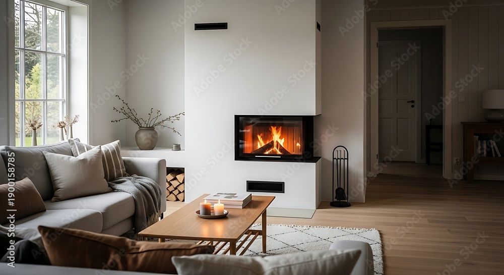 Fototapeta premium Cozy living room with fireplace and sofa near window