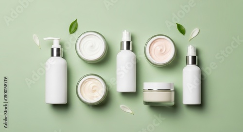 Natural skincare products with cream cream and serum on green background with leaves for wellness and beauty routine
