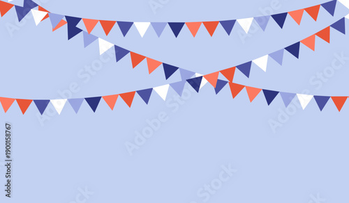 Minimal vector illustration of hanging bunting banners with triangular flags in blue, coral and white tones. Clean shapes and simple composition, suitable for celebration or decorative backgrou