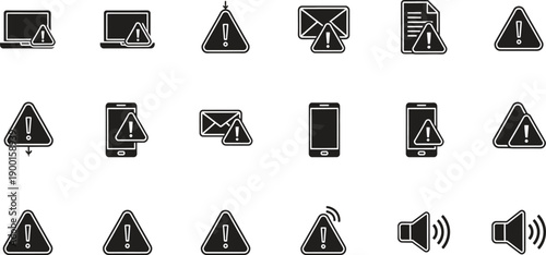 Warning icons for computer and mobile devices with exclamation marks