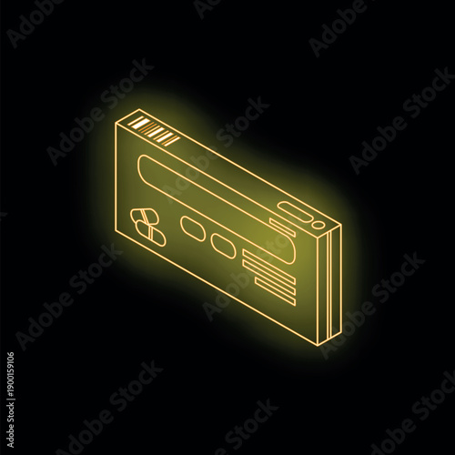 Neon yellow medicine box glowing on a dark background, representing healthcare, pharmaceuticals, and medicine