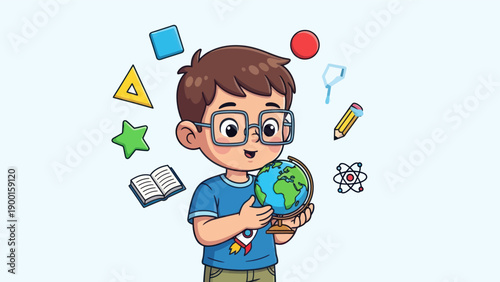 Young student examines a globe surrounded by educational symbols cartoon style