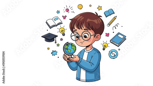 Young student examines globe surrounded by educational symbols and objects