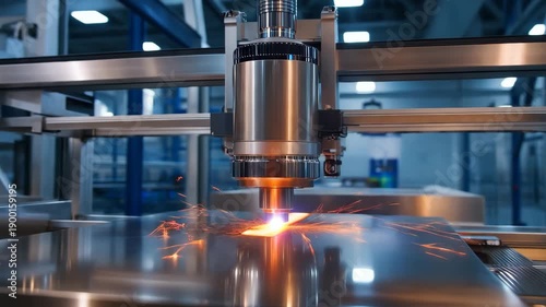 Industrial laser cutting machine in a modern factory setting with metal processing