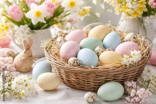 Pastel-colored Easter eggs arranged in a decorative basket with spring flowers.