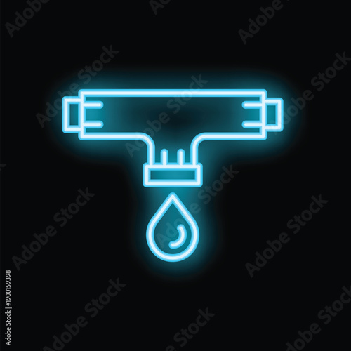 Blue neon icon of water drop leaking from plumbing pipe on black background