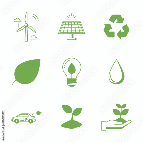 Eco friendly icons for sustainable living and green technology solutions