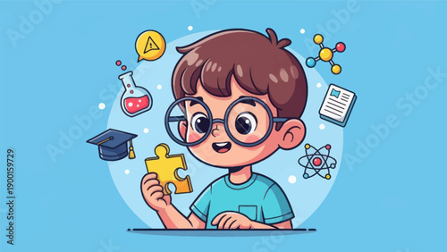 Young student holding puzzle piece with science and learning symbols