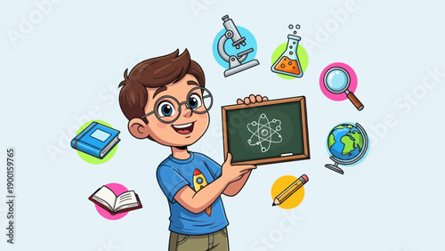 Young student holds chalkboard with science symbols surrounded by tools illustration