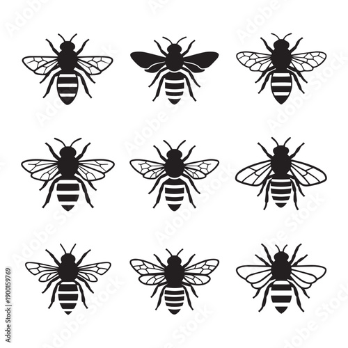 Honey bee and bumblebee silhouette set. Professional apiary logo icons and insect nature symbols. Minimalist bumble bee illustrations for honey branding.