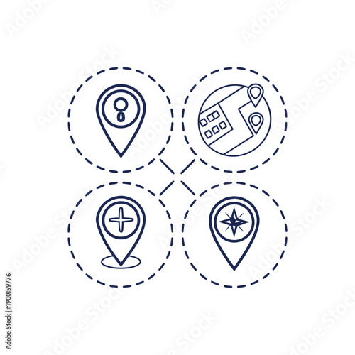 Connected locations with icons for navigation and information exchange