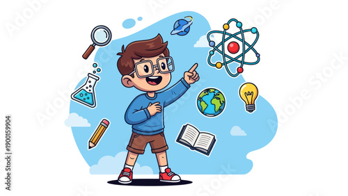 Young student pointing at science symbols and elements of knowledge