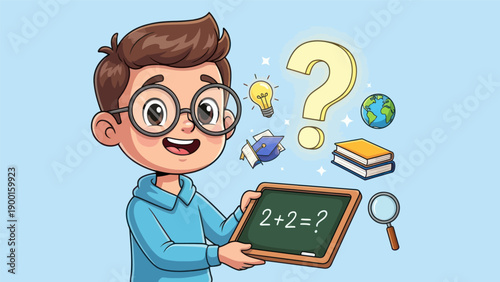 Young student pondering a math problem with educational elements