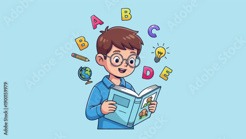 Young student reading book surrounded by alphabet letters and educational icons