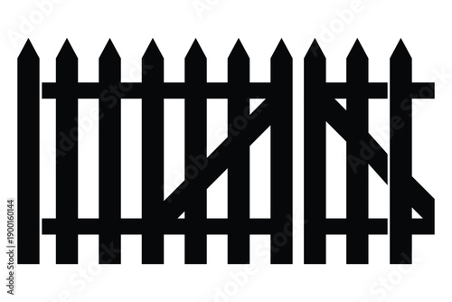 Broken picket fence with damaged boards on white background