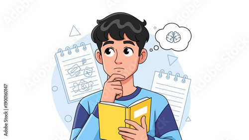 Young person contemplating ideas with open book and thought bubble illustration