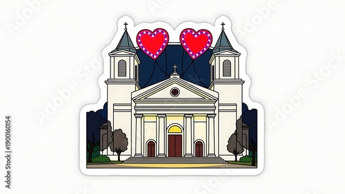 Sticker Illustration of a Romantic Church Building Decorated with Floating Red Hearts for Valentines Day