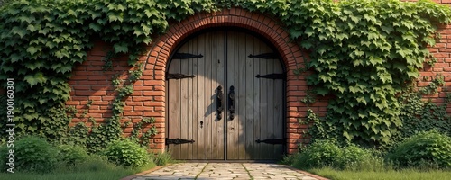 Old wooden gate covered with ivy on brick wall. Lush green plants grow around arched entrance. Stone path leads to rustic vintage doorway in garden.