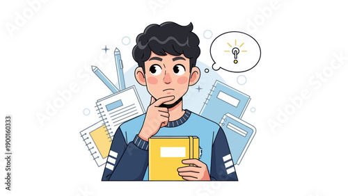 Young person pondering a creative idea with a lightbulb in a thought bubble