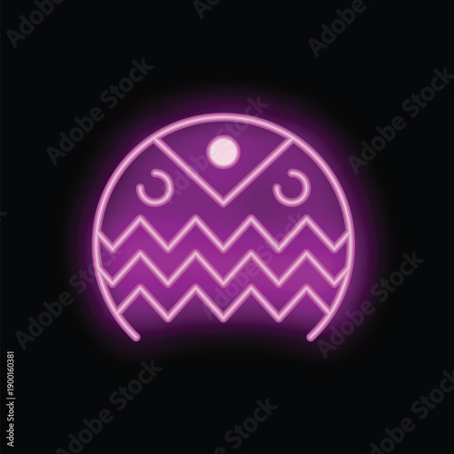 Neon sign is glowing in the dark, shaped like an owl face with open eyes, perfect for themes of nocturnal animals, wildlife, and neon aesthetics