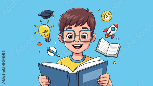 Young student reading book with education related icons learning concept illustration