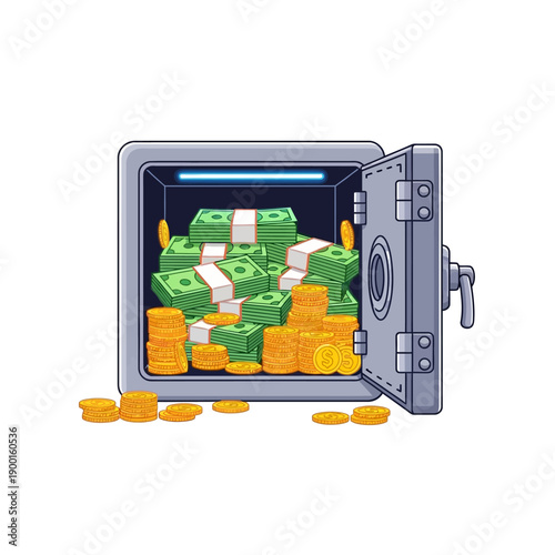 An open safe filled with stacks of money and gold coins, viewed from the front in a graphic illustration.