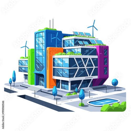 Modern sustainable office building complex with wind turbines and green spaces viewed from a slight elevation