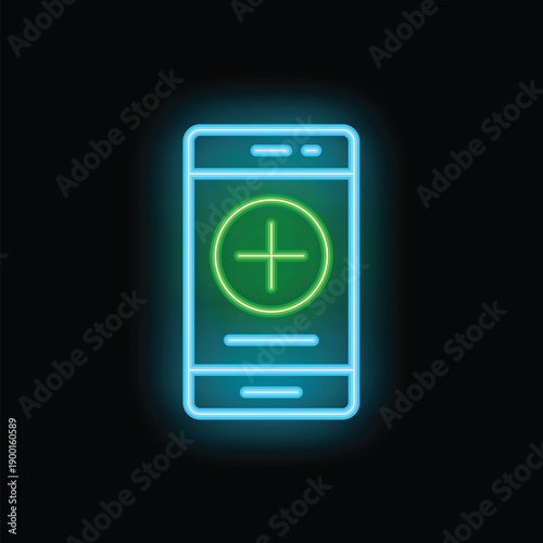 Neon smartphone showing green plus sign icon on screen on black background