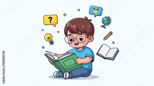 Young student reading book with education related icons vector illustration
