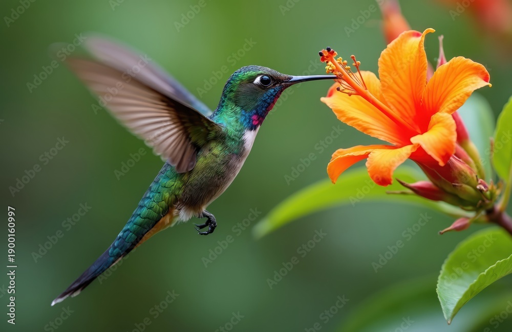 Naklejka premium Small hummingbird hovers near orange hibiscus flower drinking nectar. Tiny bird with iridescent green body and long beak flaps wings fast. Wild creature in tropical jungle.