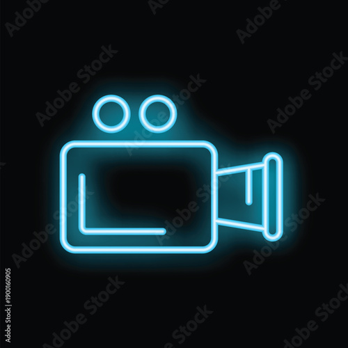 Neon blue icon of a movie camera is glowing on a black background