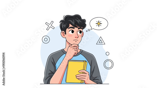 Young person thinking with book and thought bubble concept illustration