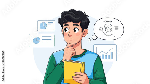 Young person thinking with charts concept and idea bubble illustration