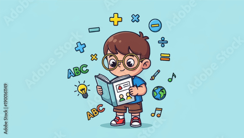 Young student reading book with education symbols illustration