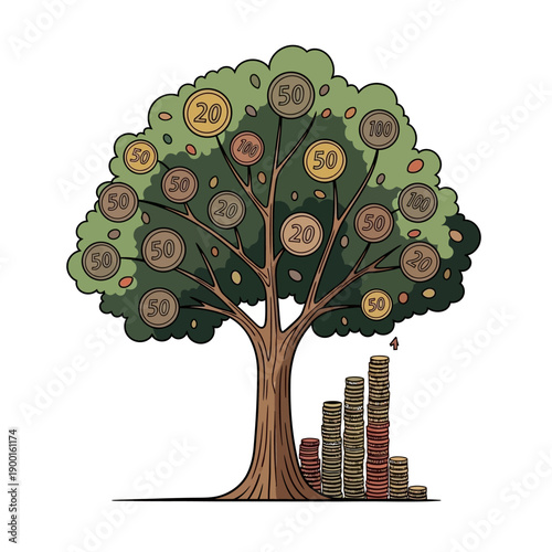 A tree with currency symbols on its leaves stands tall beside stacks of coins, depicting financial growth from a side view