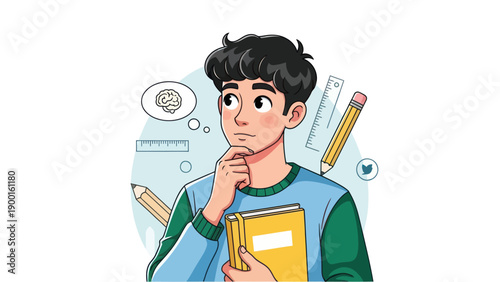 Young person thinking with education and learning elements cartoon vector
