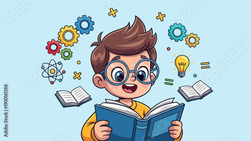 Young student reading book with floating educational elements cartoon illustration
