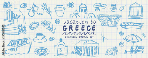 Greek summer vacation doodle charcoal style illustration set. Ink grunge hand drawn Greece coastal sea life, architecture, food, fishing boat. Sea weekend line art for invitations, cards, wedding.