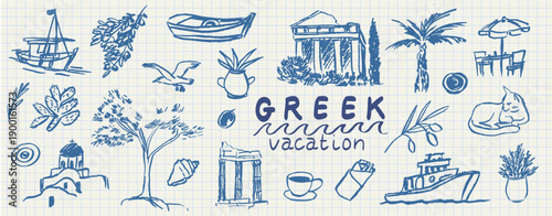 Greek summer vacation doodle charcoal style illustration set. Ink grunge hand drawn Greece sea life, architecture, food, marine, flora and fauna. Sea weekend line art for invitations, cards, wedding.