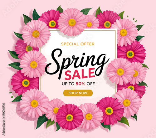 Spring sale advertisement with pink flowers and special offer text